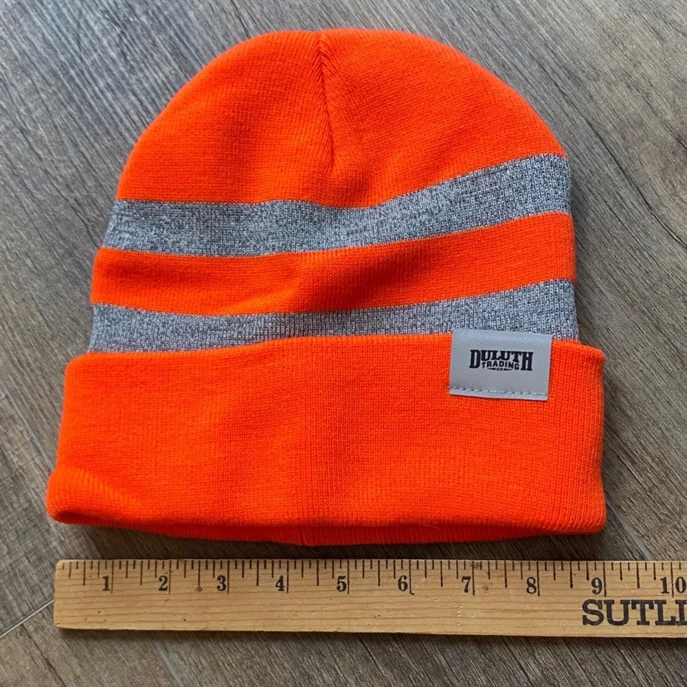 Duluth Trading Co‎ Orange Reflective Striped Knit Cuffed Beanie Hat - One Size